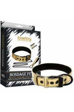 Ошейник с поводком на цепи Lovetoy Bondage Fetish Black Matt Collar With Leash, золотистый