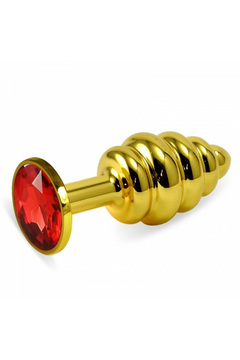Анальная пробка Lovetoy Gold Small Plug, металл, рифлёная, с красным кристаллом, 7 см