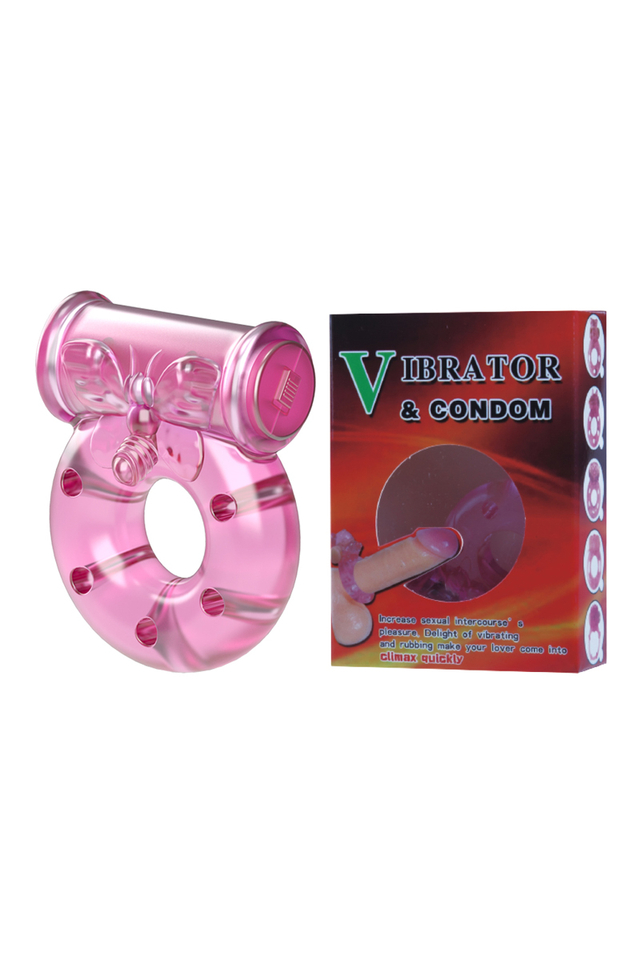 Эрекционное виброкольцо Baile Vibrator & Condom, с презервативом, TPR, розовое