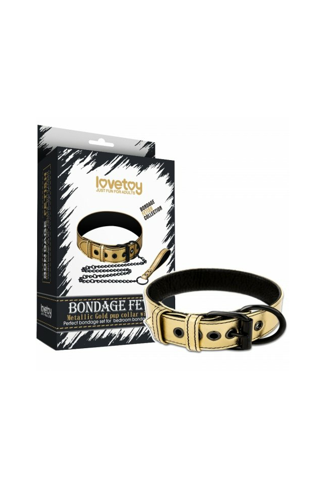 Ошейник с поводком на цепи Lovetoy Bondage Fetish Black Matt Collar With Leash, золотистый