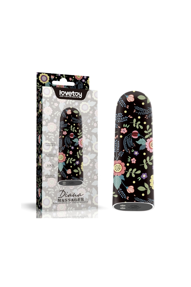Мини-вибратор Lovetoy Diana Massager, ABS-пластик, чёрный с рисунком, 8,5 см