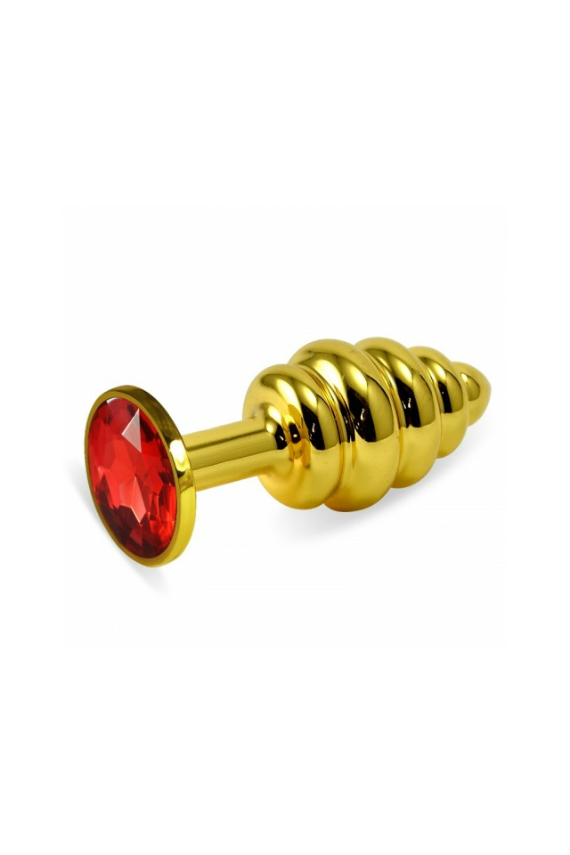 Анальная пробка Lovetoy Gold Small Plug, металл, рифлёная, с красным кристаллом, 7 см